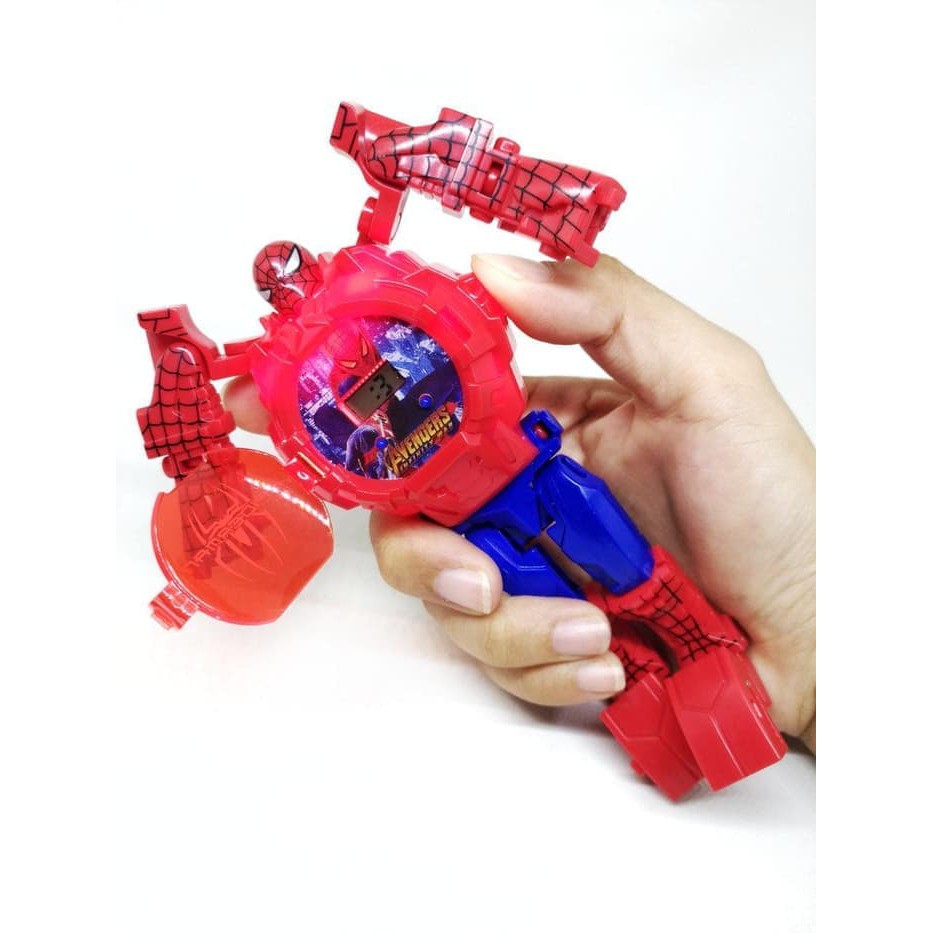 Best Item! JAM TANGAN ROBOT BISA BERUBAH SPIDERMAN ANAK AVENGER LAMPU GROSIR