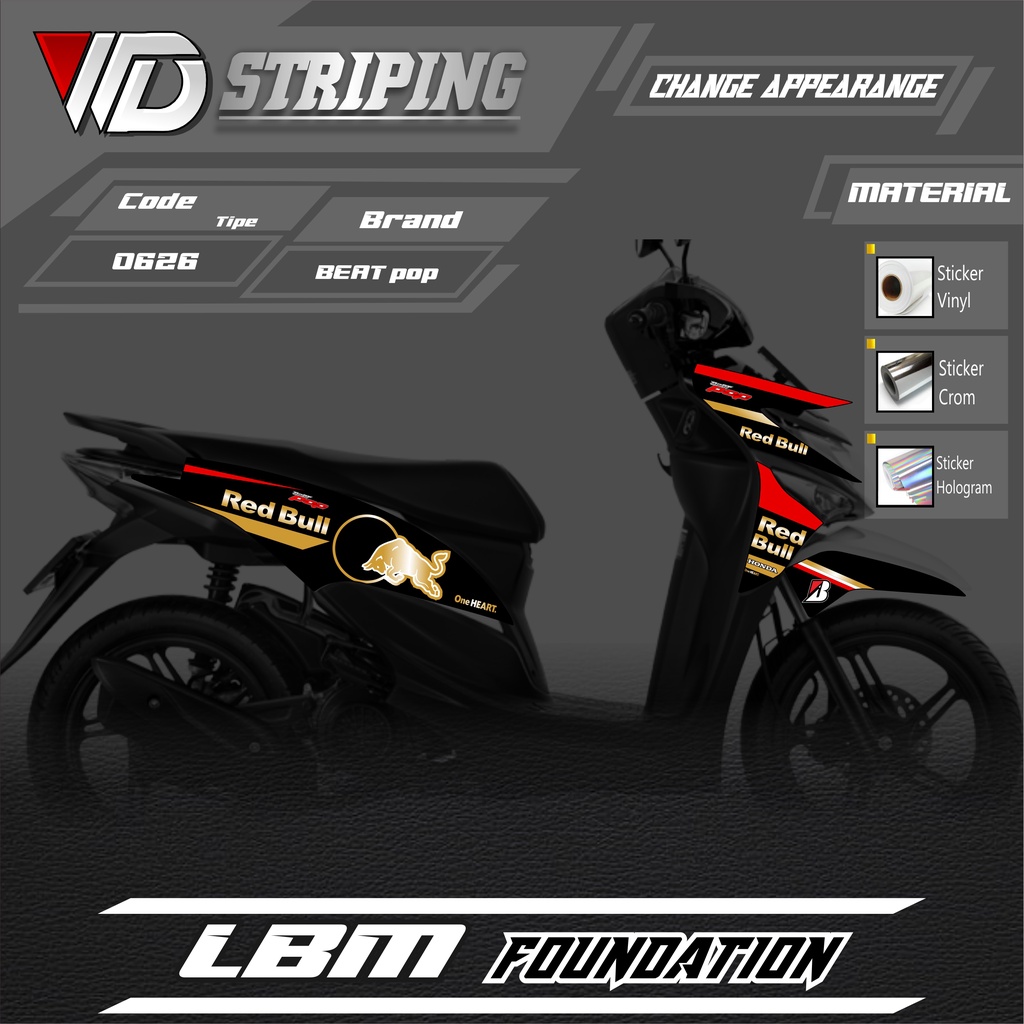 0626 Stiker Striping Honda Beat Pop Variasi Red Bull