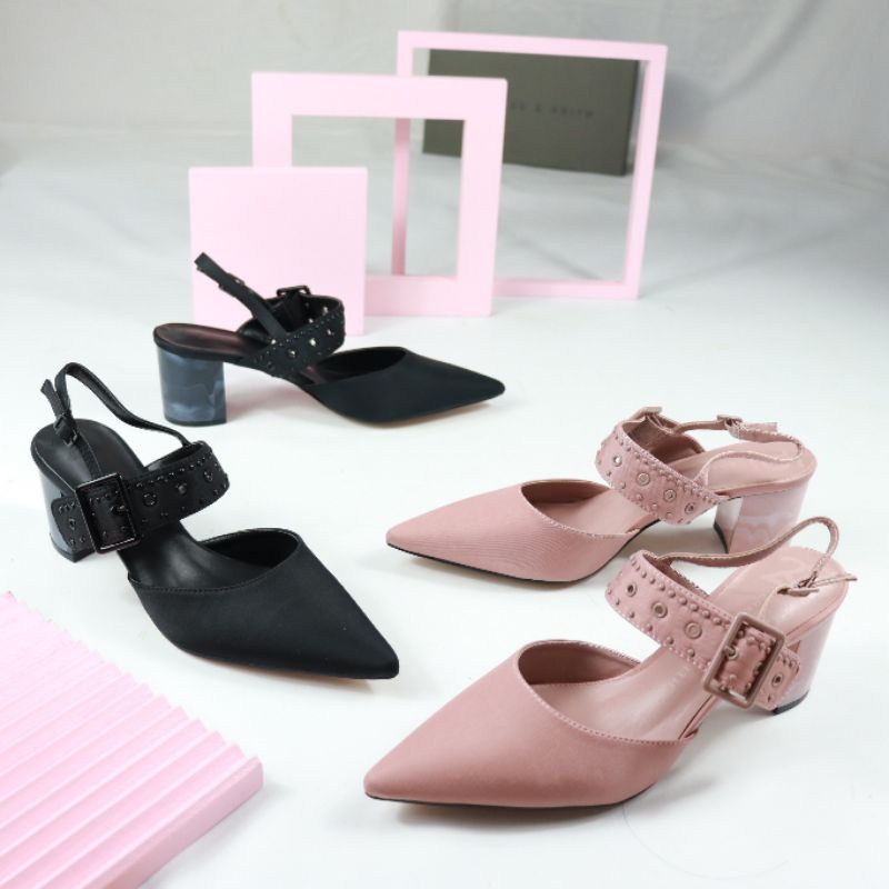 SEPATU HEELS WANITA CK / SEPATU HAK TAHU PINK HITAM  CK GROMET HEELS 5 CM