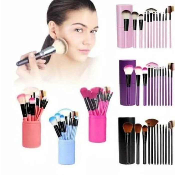 Set Alat Make Up Brush 12 In 1 Tube Rias Make Up Tabung Pink