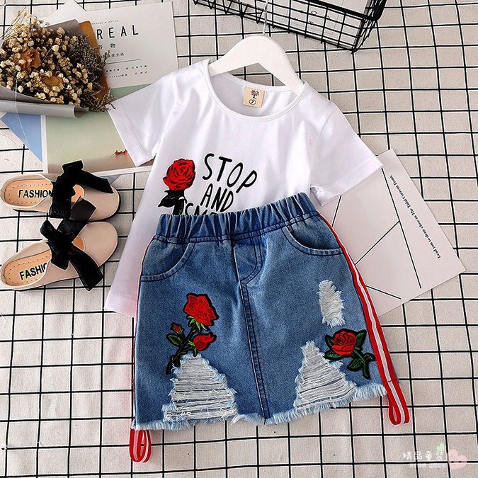 SSP26/67- Setelan Anak Perempuan 2in1 Set Kaos+Rok Jeans Bonjourber Roses