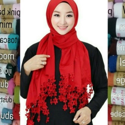 Pashmina Laser Cutting bahan Satin Polyester Silk | Kerudung Jilbab Rumbai | Selendang Saten