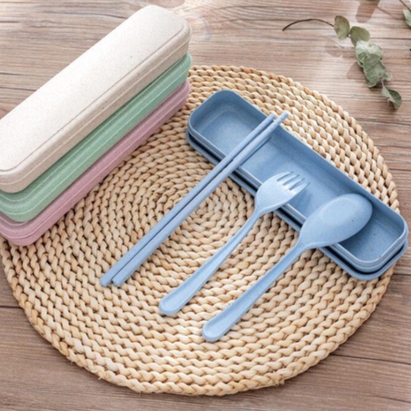 Set Alat Makan Jerami Sumpit Garpu Sendok / Set Alat Makan Travel Set - Bahan Jerami Gandum / Sendok Garpu Set 3 In 1 / Set Sendok Jerami / Alat Makan Set / Set Sendok Travelling / Set Sendok Garpu dan Sumpit Jerami BPA Free Travelling Set Makan Jerami