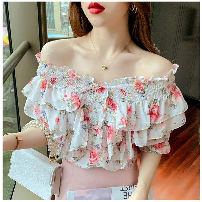 MDLV ~ 2433 Angelica Smocked Top Atasan Sabrina Flower Import Korea Look Fashion import