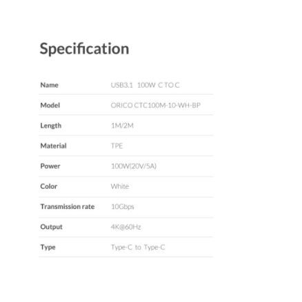 Type c to Usb-c 3.1 orico charge sync data 5A 100w 10Gbps 4k 2k 100cm cable fast charging ctc100m-10