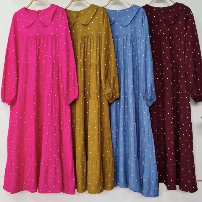 G667 Polkadot Long Tunik Midi Dress Jumbo | Gamis Mini Dress Salur | Atasan Wanita Susun Polos Rayon Premium | Maxy Dress Qiqi Busui Friendly | Korean Babydoll Dress | Maimon Grosir