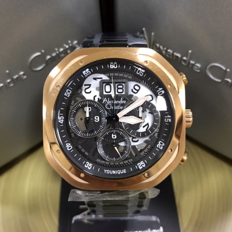 Jam Alexandre Christie AC 6468 MC BBR Pria Rantai Hitam Rosegold Segi