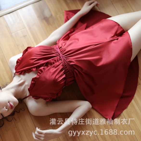 New foreign trade halter suspender nightdress sexy temptation sexy lingerie ruffled imitation silk