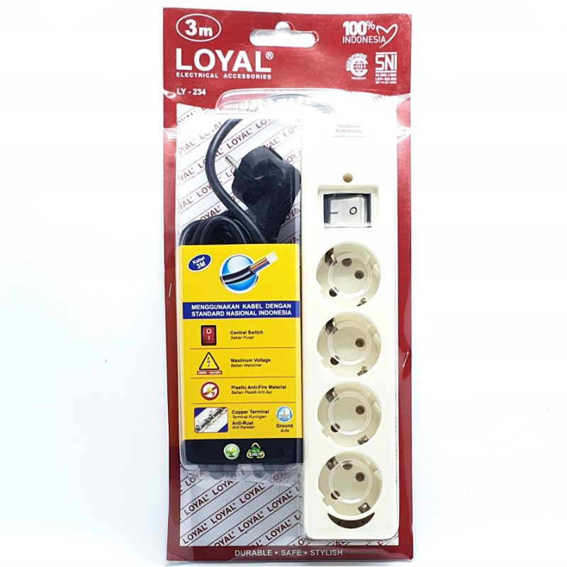 LY-234KB3 Loyal Premium Stop Kontak Arde 4 Lubang 3 Meter + Saklar Lampu Untuk Watt Besar / Colokan