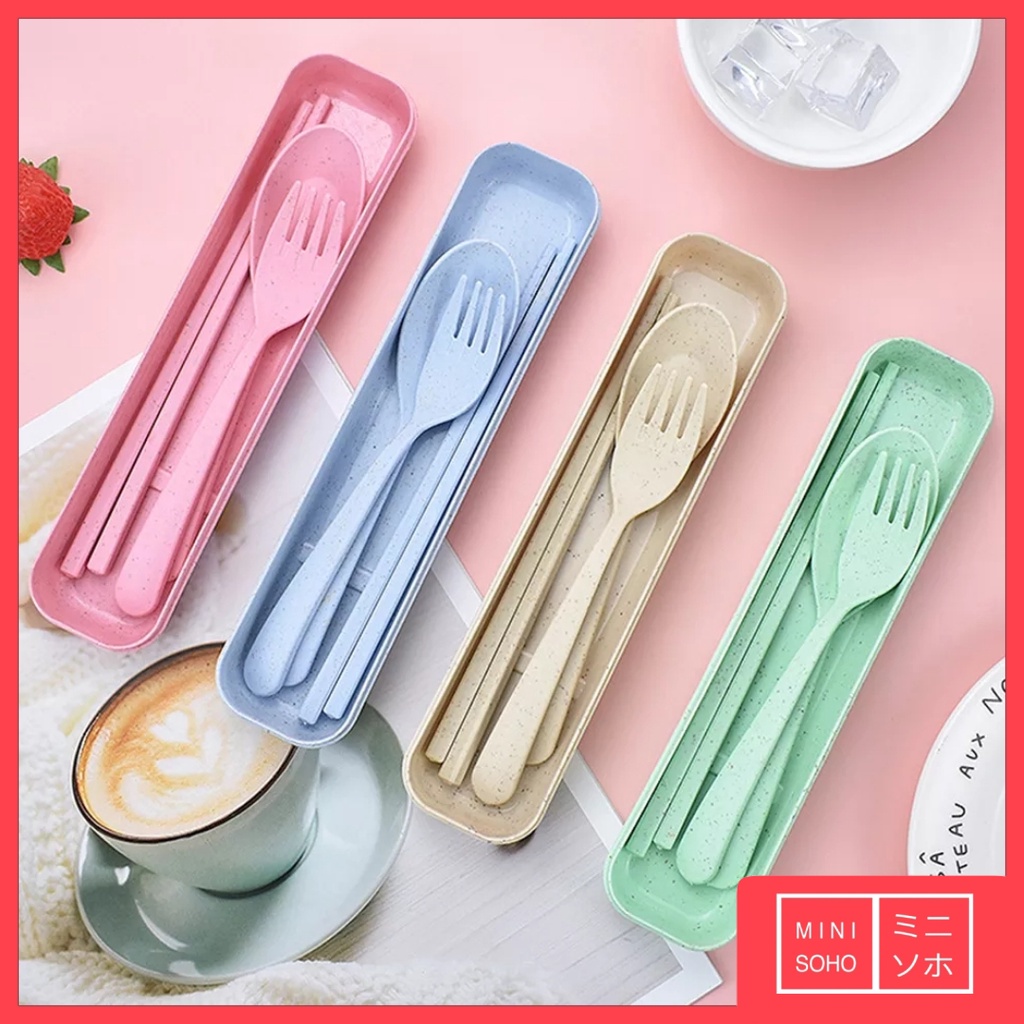 Sendok Garpu Sumpit Set 3 in 1 Bahan Jerami + Kotak Set Perlengkapan Alat Makan Portable Travel