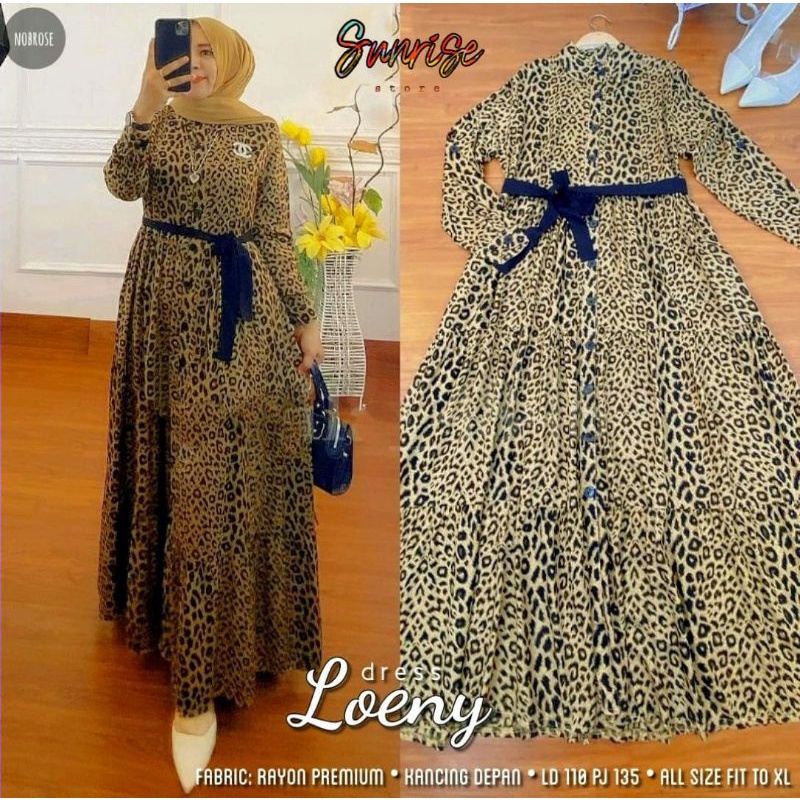 DRESS LEONY MAXY//MAXY DRESS RAYON PREMIUM MOTIF MACAN KANCING DEPAN FIT XL