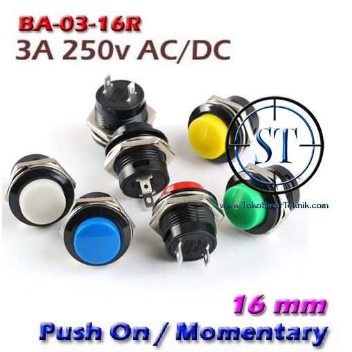 Switch Push ON 16mm ( Saklar / Momentary / Klakson ) Saklar Tombol Tekan Warna On Off Bel  BA-03-16R