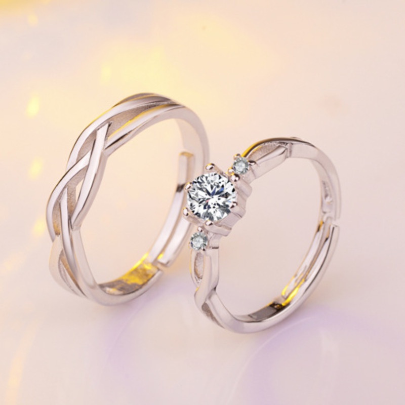 2pcs 925 Silver Cincin Pasangan Berlian Kristal Cincin Pernikahan Pasangan yang Dapat Disesuaikan Couple Ring Crystal Diamond Couple Wedding Adjustable Rings