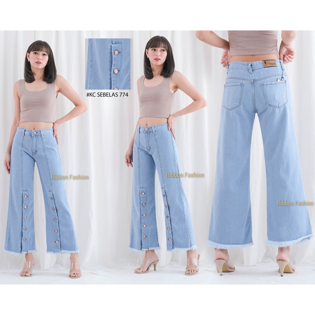 Ribbon Fashion - RF CELANA JEANS KULOT PANJANG BELAH DEPAN KANCING LIMA RAWIS WARNA BIRU MUDA WANITA