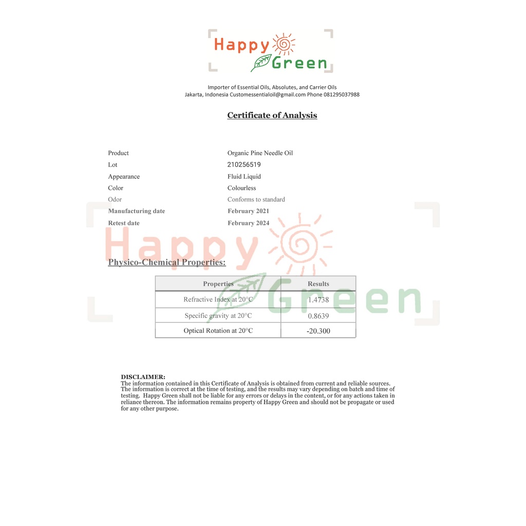 Happy Green ORGANIC Pine Needle Essential Oil - 100% Minyak jarum Pinus Alami