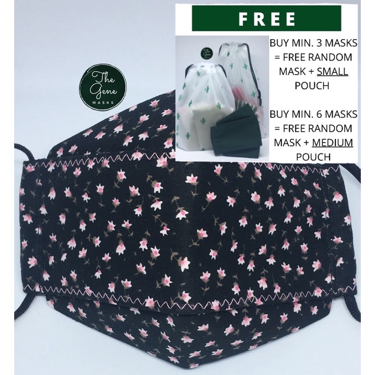 Masker Kain 3 Lapis Premium Hitam Pink Motif Bunga-Bunga Cantik
