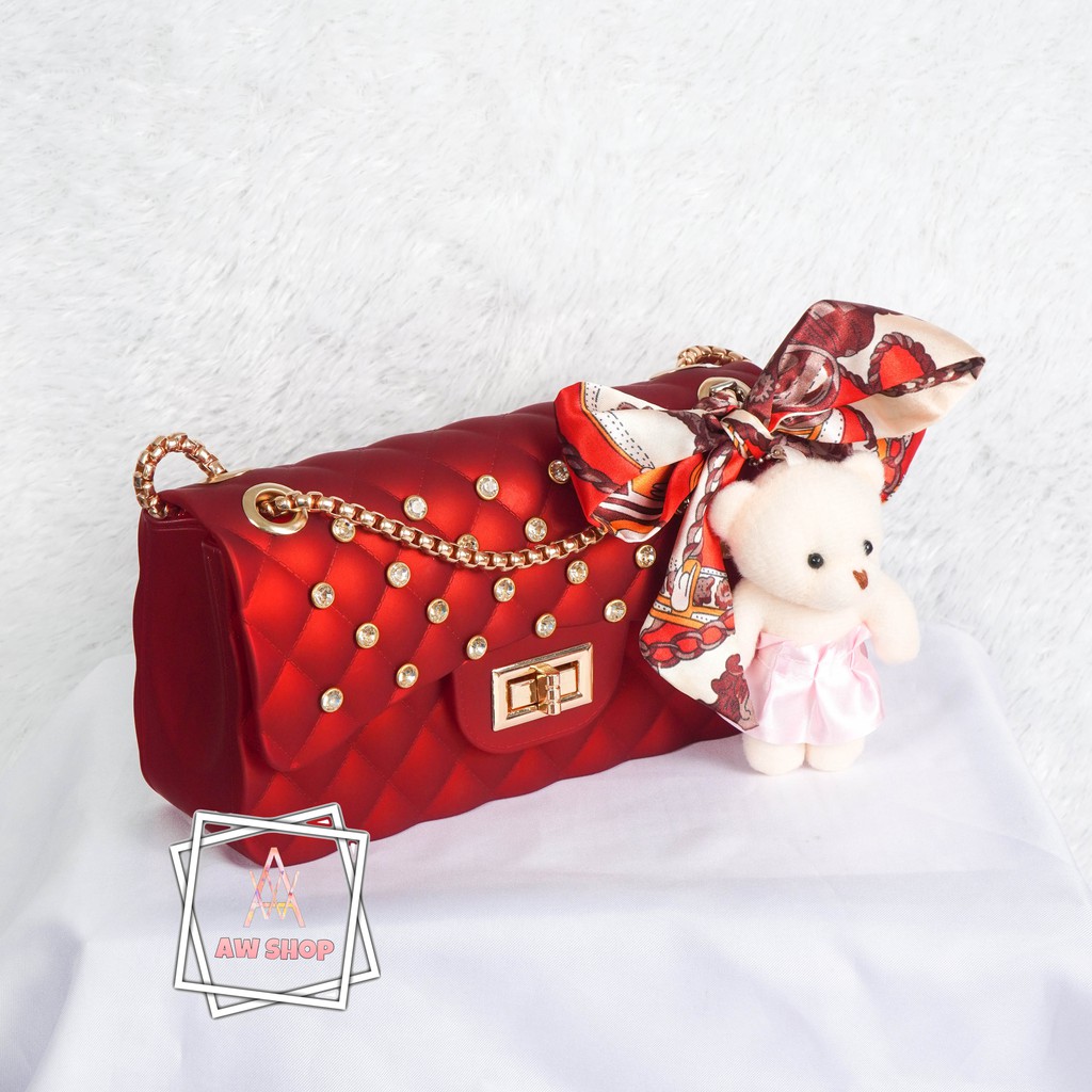 Tas Selempang Wanita Jelly Matte Kotak Diamond Size 22 Cm (Gratis Boneka &amp; Syal)