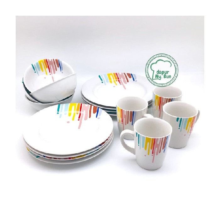 Set Pcs Keramik 16 Piring Dinner Dijual Motif Rainbow Murah