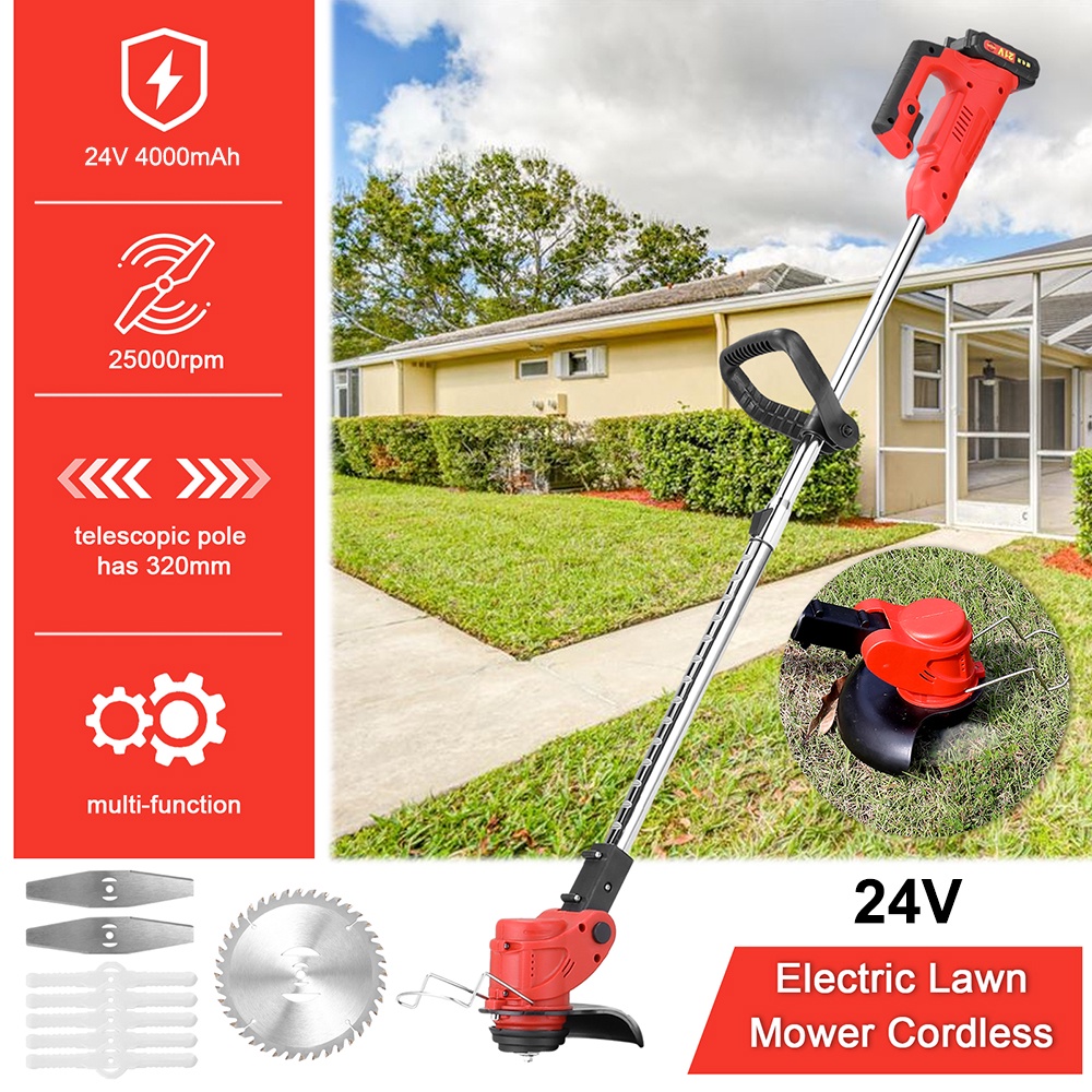 24V Mesin Potong Rumput Lawn Trimmer with Battery, Electric Lawn Mower, Battery-Powered Lawn Mower,Telescopic Handle