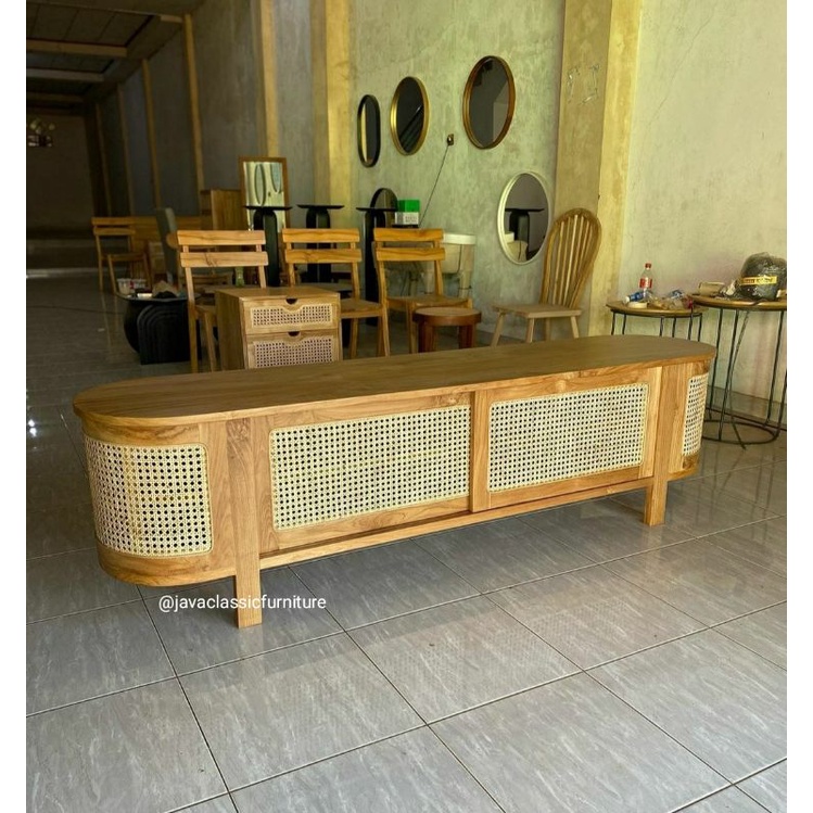 BUFET TV CUSTOM ROTAN MEJA CABINET OVAL BAHAN KAYU JATI PANJANG 2 METER-1