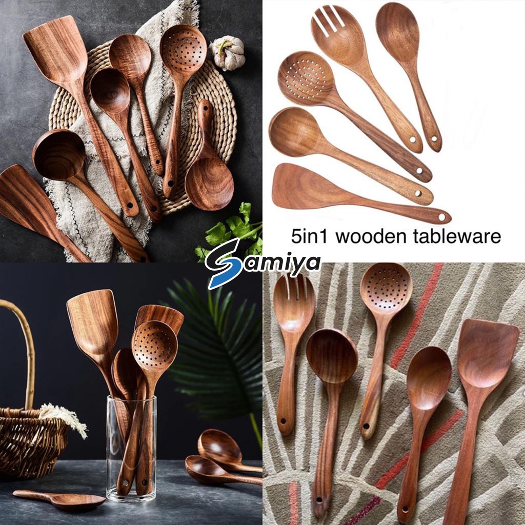 alat masak sutil spatula kayu set 5in1 / wooden kitchen tableware utensils / peralatan makan dapur-0