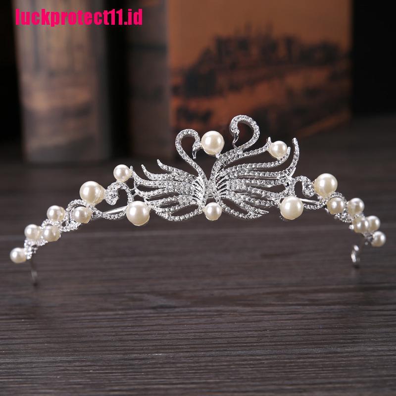 (LUCK) Mahkota / Tiara Wanita Desain Angsa Hias Mutiara + Berlian Imitasi Untuk Pernikahan / Pesta