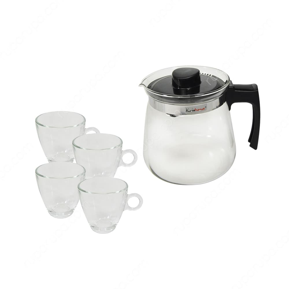 Krishome Set 5 Pcs Teko Teh Dengan Cangkir / Teko set / jug / pitcher / gelas kaca / water set black / tea pot