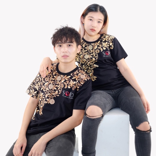KLAMBEN Kaos Oblong Couple Kembaran Distro Solo Dewasa Unisex Batik Bunga Mawar Hitam