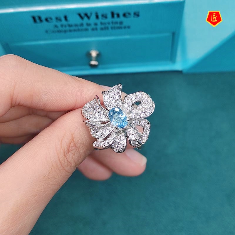 [Ready Stock]Fashion Luxury Natural Blue Topaz Multi-Layer Winding Flower Ring