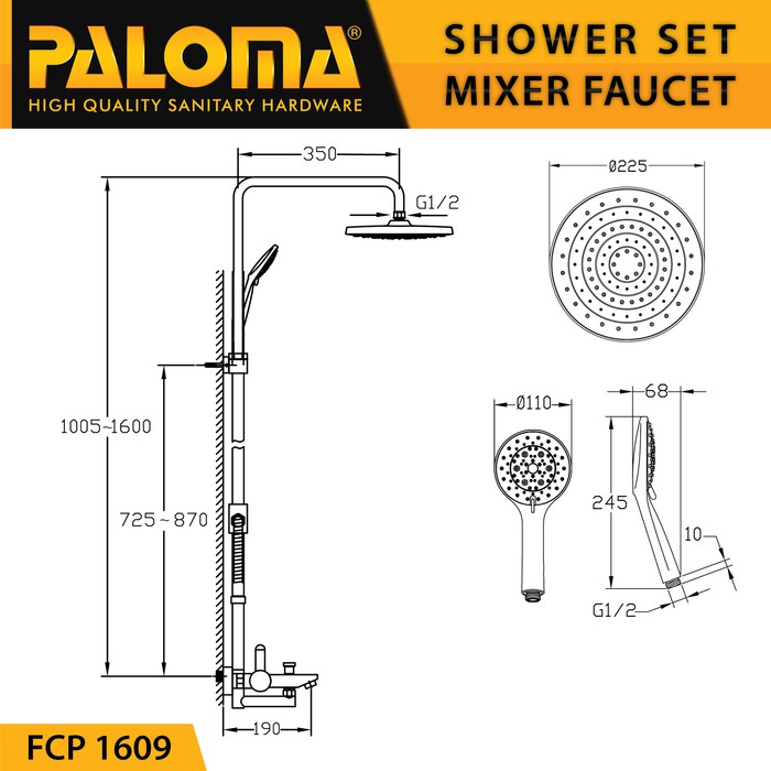 PALOMA FCP 1609 Shower Tiang Column Set Keran Kran Panas Dingin Mandi