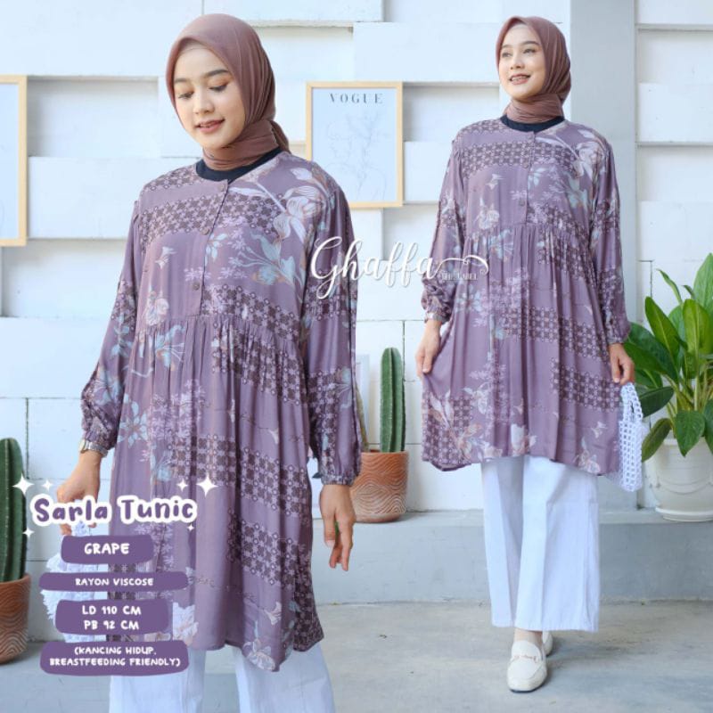 Atasan Tunic Tunik Gamis Kemeja Ghaffa Sarla Blouse Muslim Motif Bunga Flower Lilac best seller Kore