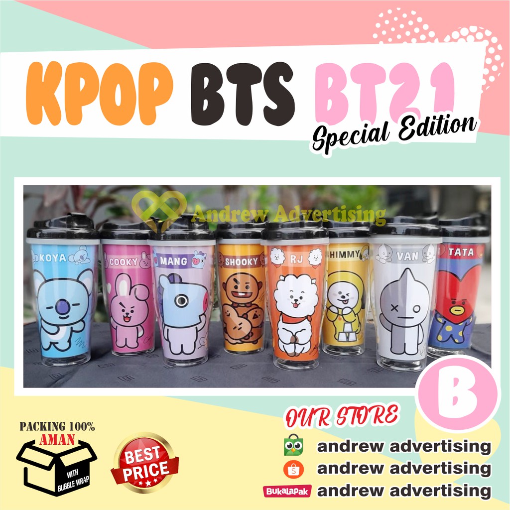 BOTOL MINUM KPOP BTS / BT21 MERCHANDISE KPOP / TUMBLER CHIMMY KOYA COOKY TATA RJ MANG SHOOKY VAN