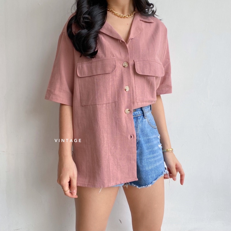 KEMEJA WANITA CASUAL POCKET TOP KEMEJA WANITA POLOS BASIC MURAH-3