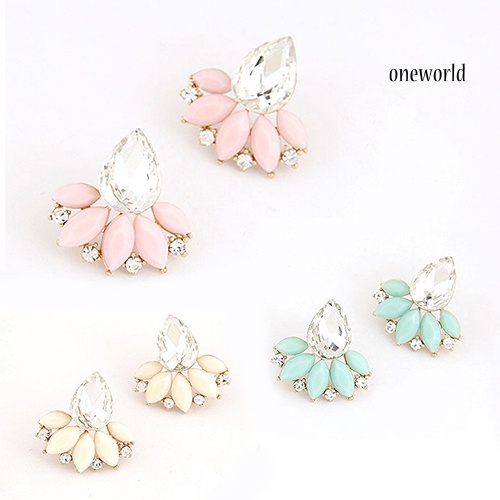 OW@ Women's Korean Style Teardrop Leaf Inlaid Rhinestone Earrings Ear Studs Jewelry