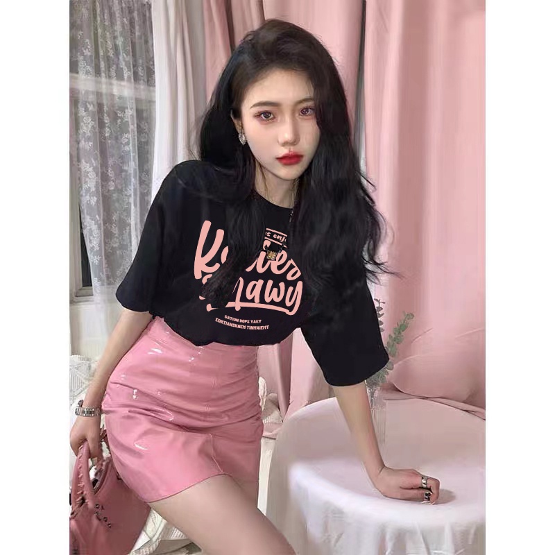 XIAOZHAINV Kaos Atasan Wanita Letter Pattern Lengan Pendek Hitam 0131