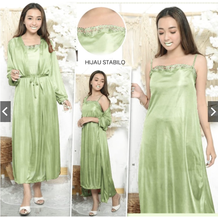 hokyfashion Baju Tidur Jubah Long+Inner Kimono Satin-HIJAU STABILO