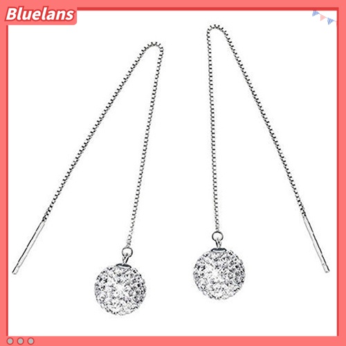 Anting Panjang Menjuntai Bentuk Bola Berlian Imitasi Lapis Perak Untuk Wanita