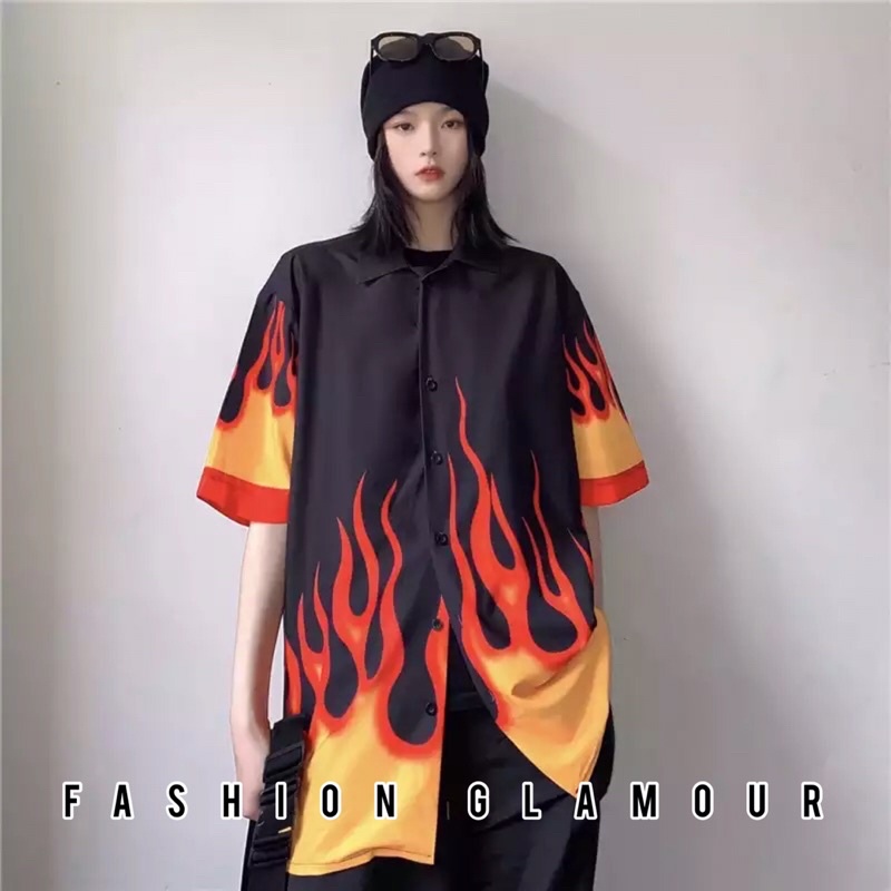 KEMEJA IMPORT PRIA WANITA ASIA EROPA KOREA BTS AMERIKA RETRO FLAME API OVER SIZE