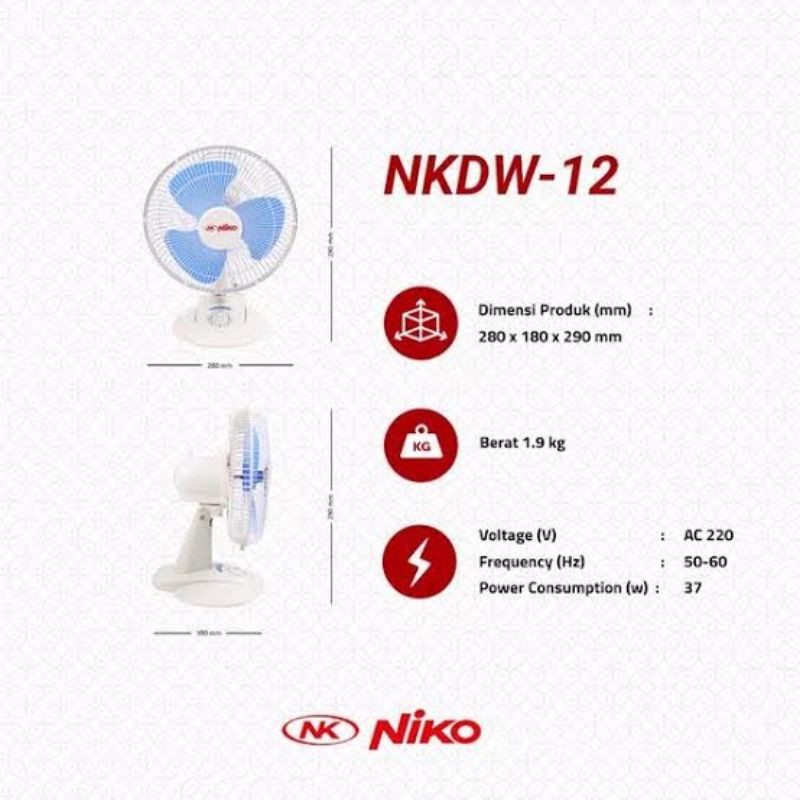 Niko Kipas Angin 2in1 Meja+Dinding 12 Inch / Desk+Wall Fan NK DW12