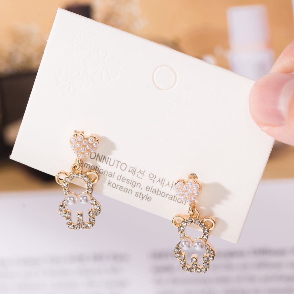 [littlecrab] Anting Wanita Mutiara Bentuk Pita Clover Kelinci Beruang Permata Berlian Simple Elegan Anting Tusuk Cute Woman Earrings Anting Berkualitas Korean Style