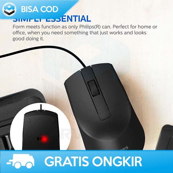 MOUSE OPTICAL WIRELESS USB PHILIPS DESAIN ERGONOMIS ANTI LAG 1000 DPI