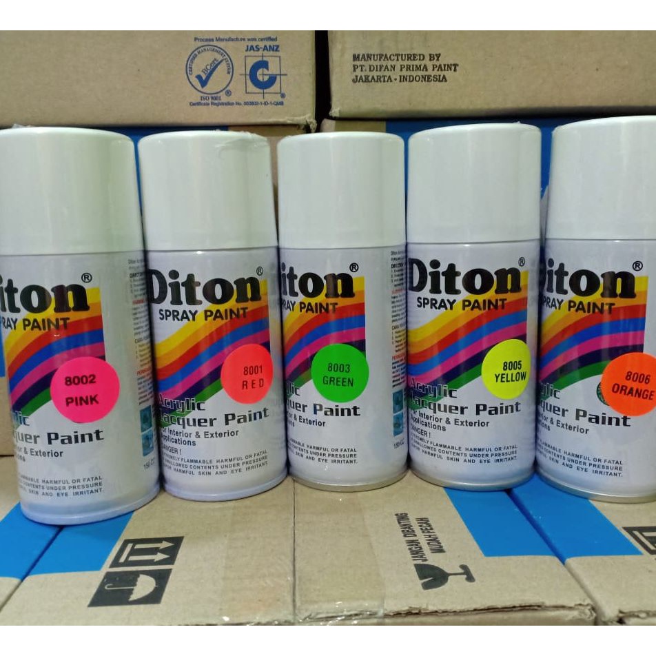 DITON Spray Paint Acrylic Lacquer Paint Pilox Cat Semprot Warna Stabilo / Fluorescent (Red Pink Green Blue Yellow Orange White Primer Clear) 150cc / 150ml