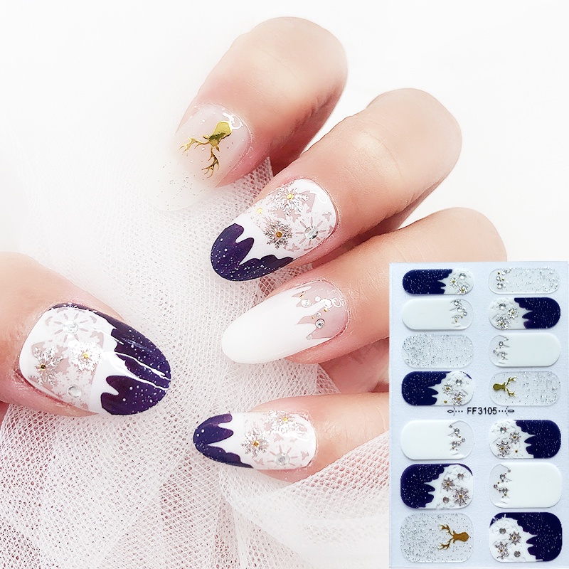 Ff Stiker Kuku Motif Snowflake / Rusa / Pohon Natal / Berlian / Mutiara 3d Untuk Nail Art / Manicure Diy