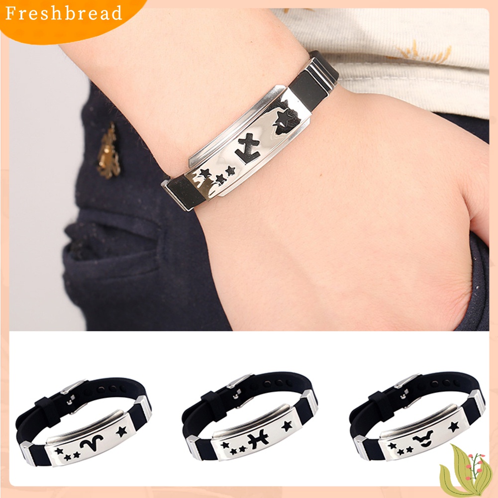 ?Fresh?? Gelang Tali Silikon Pria dengan Pelat Stainless Steel Grafir Gambar 12 Pilihan Zodiak