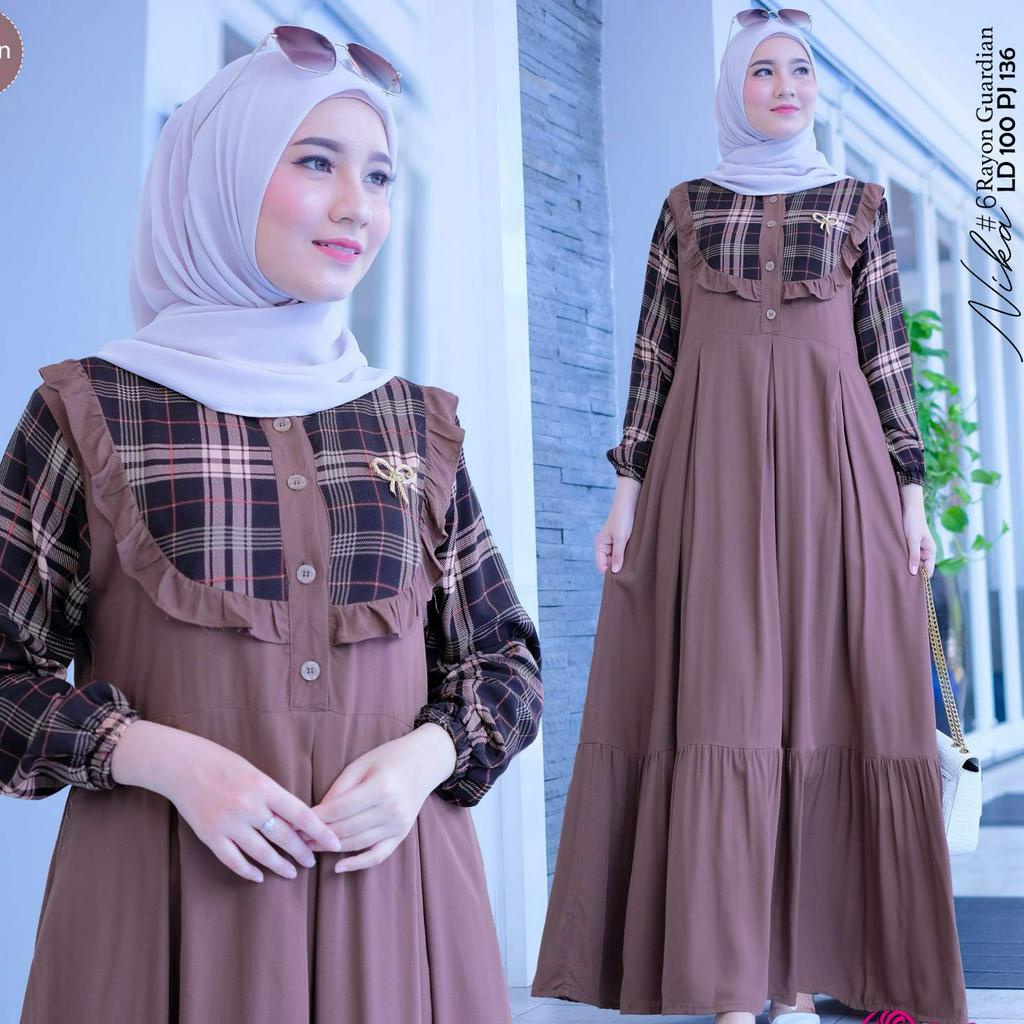 NIKA DRESS MAXY BY SHOFIYA BAHAN RAYON GUARDIAN HALUS ADEM MOTIF KOTAK-KOTAK BUSUI RUFFLE
