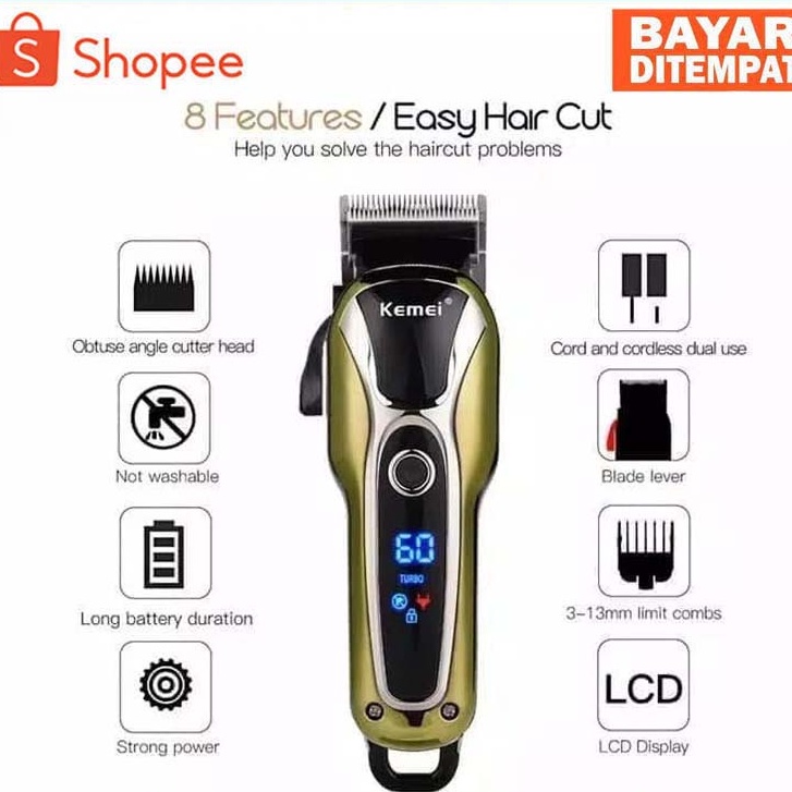 CUKUR KEMEI KM-1990 TURBO MESIN CUKUR RAMBUT LED BATERAI RECHARGE ORI