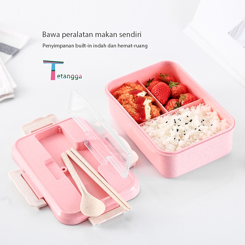 Kotak Makan Bento Lunch Box Set 3 Warna PP Jerami Gandum 1000 ml Kotak Makan Anak 4 IN 1