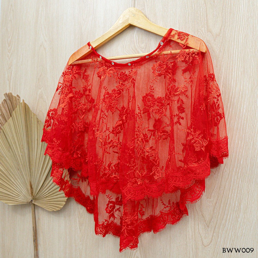 [PRODUK TERBATAS] AKSESORIS WEDDING BROKAT KOREA BOLERO KARDIGAN LACE MERAH BWW009