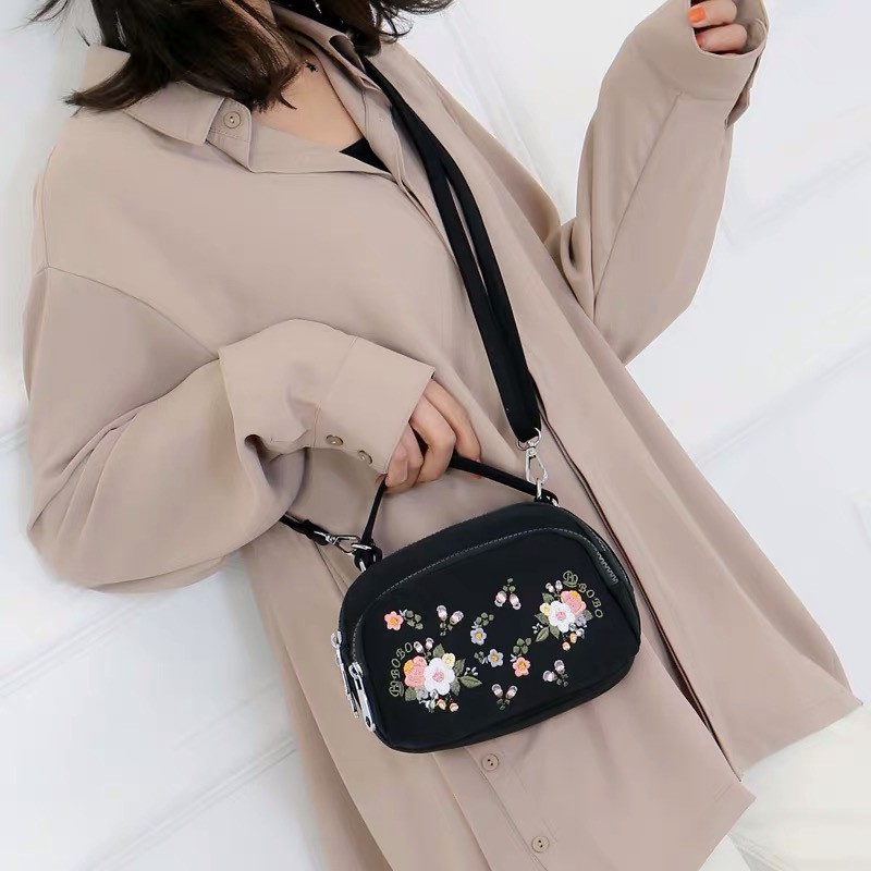 Tas Wanita Import Jinjing dan Selempang BOBO Mini BB9042 9042 Bordir Bunga Bahan Parasut Kualitas Su