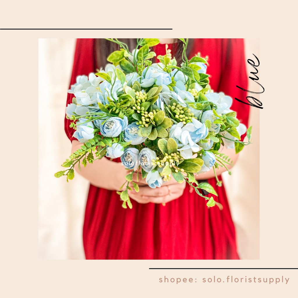 25cm buket Mix HYDRANGEA RANUNCULUS artificial flower Bunga Palsu Buatan mini hydrangea daun artific